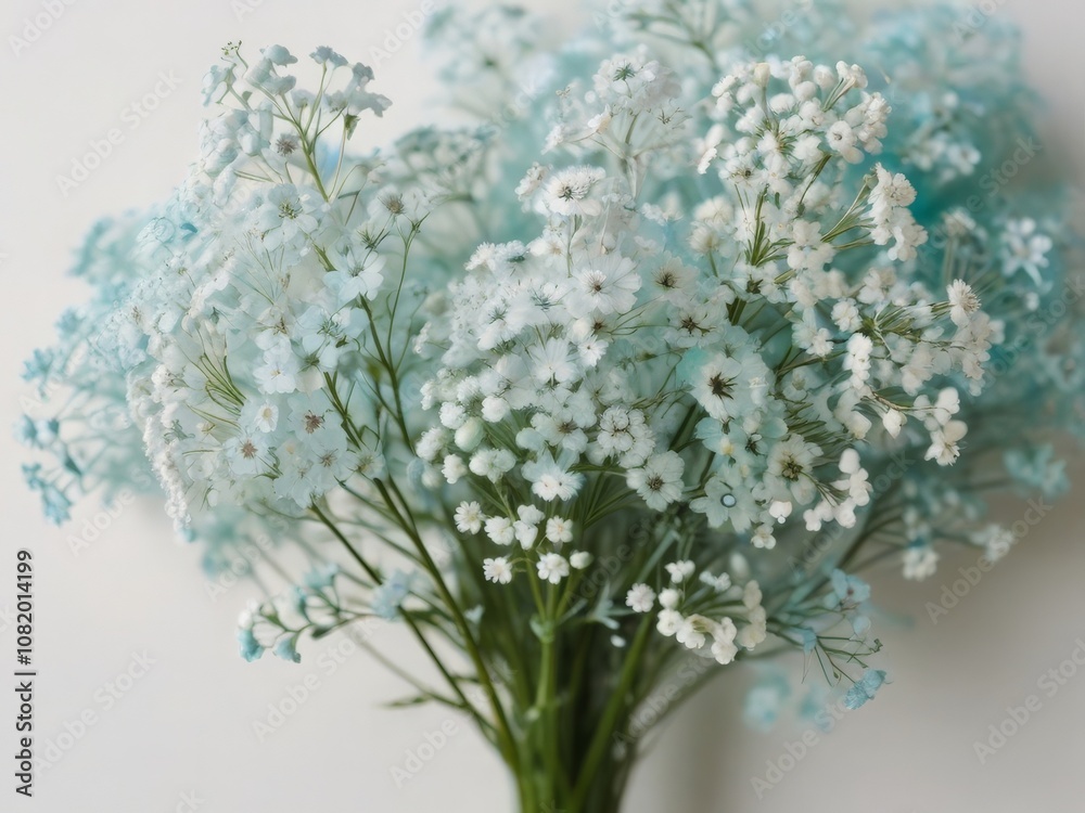 Wedding showcasing a picture frame by baby's breath flowers on a blue background decoration Wedding showcasing a picture frame by baby's breath flowers on a blue background decoration
