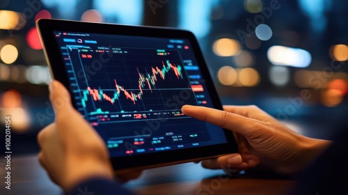 Close-Up View of a Person Analyzing Stock Market Data on a Digital Tablet in a Modern Urban Environment During Evening Hours