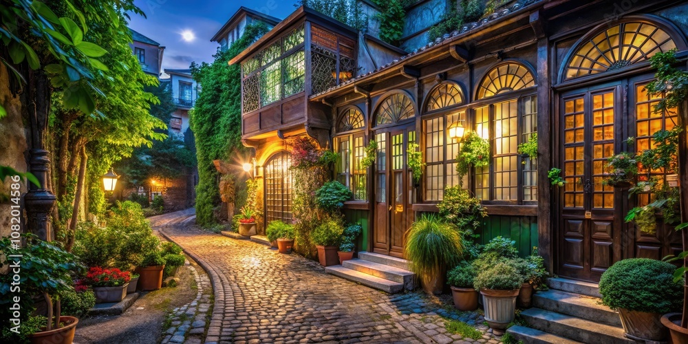 Mesmerizing nighttime photo of a quaint greenhouse nestled in Kuzguncuk, Istanbul, featuring intricate windows and a lovely wooden door, creating an enchanting atmosphere. Mesmerizing nighttime photo of a quaint greenhouse nestled in Kuzguncuk, Istanbul, featuring intricate windows and a lovely wooden door, creating an enchanting atmosphere.