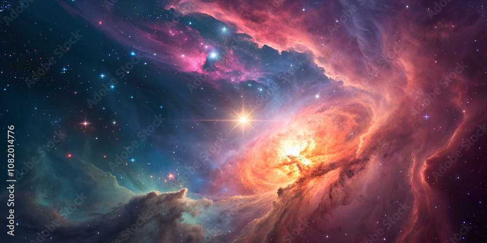 Nebula Explosion in Space. A close-up of a bright, colorful nebula with swirling pink, blue, and orange clouds surrounding a central bright star