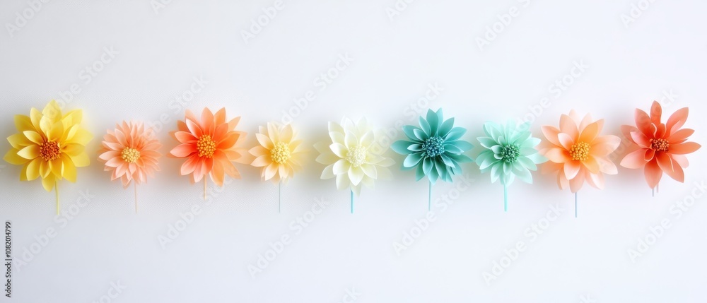 A vibrant array of decorative flowers showcasing a gradient of colors, perfect for enhancing any artistic project or design. A vibrant array of decorative flowers showcasing a gradient of colors, perfect for enhancing any artistic project or design.