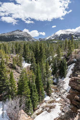 Snow in the woodlands and mountains of Rocky Mountain National Park, Colorado, USA photo