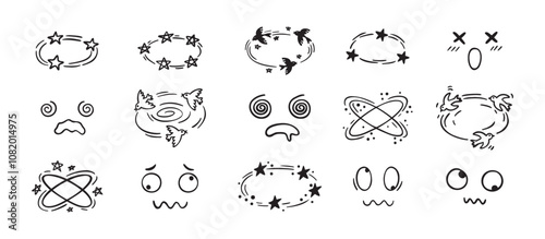 Dizzy effect drawing hand drawn doodle cartoon set. dizzy faces, birds and stars overhead emotions drawing.