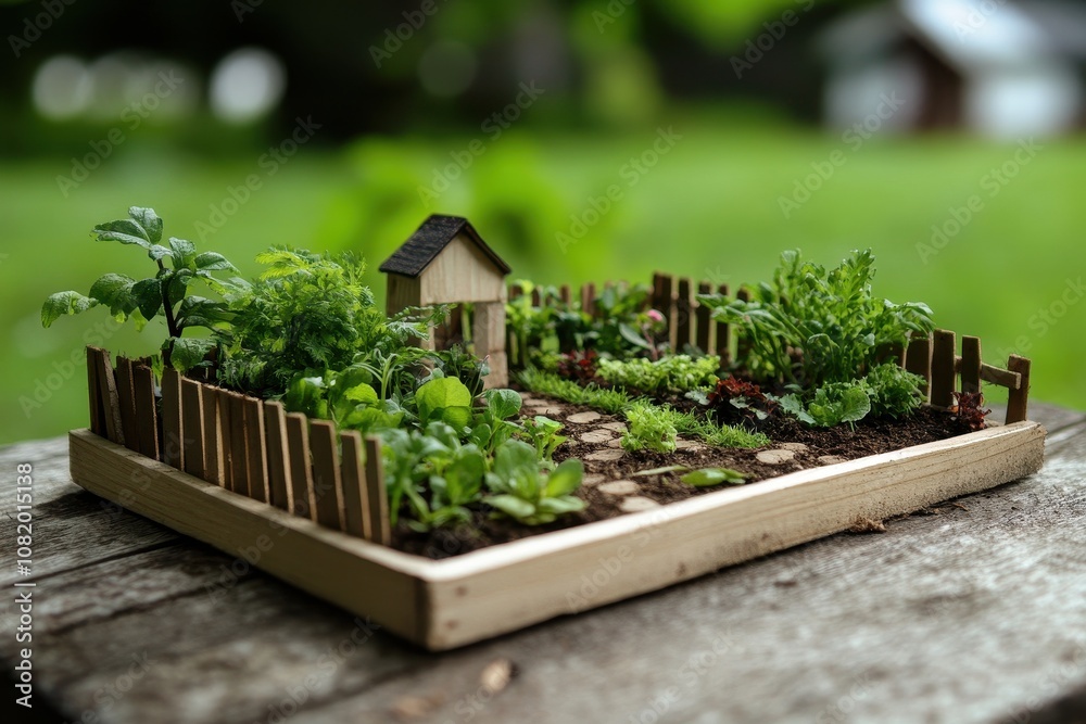 A vibrant miniature garden with lush green plants, a tiny wooden house, and a picket fence, set in a serene outdoor environment. A vibrant miniature garden with lush green plants, a tiny wooden house, and a picket fence, set in a serene outdoor environment.