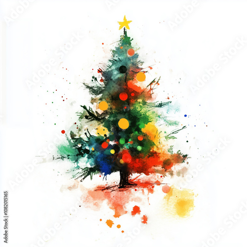 Watercolor green christmas tree with christmas decor on a white background. Abstract blurry watercolor illustration for a Christmas card, splashes of paint.