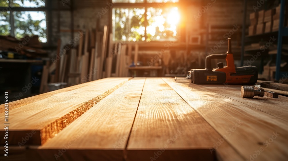 A warm, sunlit workshop filled with wooden planks and tools, perfect for carpentry projects and craftsmanship enthusiasts. A warm, sunlit workshop filled with wooden planks and tools, perfect for carpentry projects and craftsmanship enthusiasts.