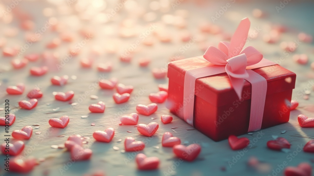 3D rendering of a Valentine's Day background with a red gift box, pink ribbon, and many small hearts on a light pastel-colored background for a design mock-up in a minimal style. 3D rendering of a Valentine's Day background with a red gift box, pink ribbon, and many small hearts on a light pastel-colored background for a design mock-up in a minimal style.