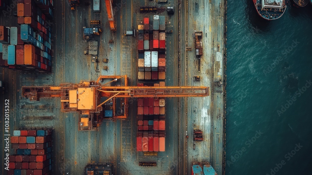 Massive international port with automated cranes unloading goods, containers from around the world, high-tech logistics systems, vibrant global trade environment