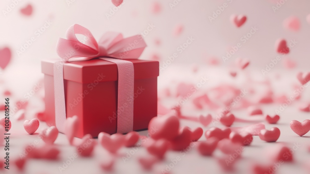 3D rendering of a Valentine's Day background with a red gift box, pink ribbon, and many small hearts on a light pastel-colored background for a design mock-up in a minimal style. 3D rendering of a Valentine's Day background with a red gift box, pink ribbon, and many small hearts on a light pastel-colored background for a design mock-up in a minimal style.