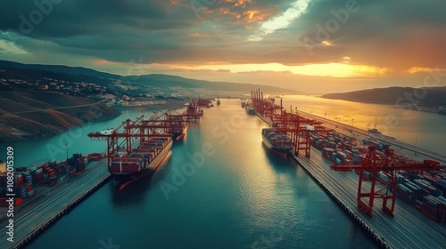 Massive international port with automated cranes unloading goods, containers from around the world, high-tech logistics systems, vibrant global trade environment photo