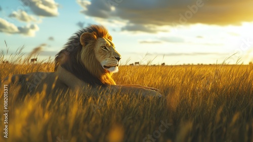 A pride of lions resting in the tall savannah grass, capturing a sense of strength and family. photo