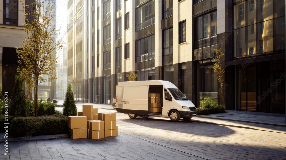 Efficient Business Delivery: Delivery Van Unloading Packages Outside High-Rise Office Building, Illustrating Role of Delivery Services in Urban Commercial Environments Efficient Business Delivery: Delivery Van Unloading Packages Outside High-Rise Office Building, Illustrating Role of Delivery Services in Urban Commercial Environments