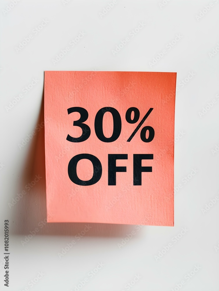 Black '30% OFF' Text on a Light Red Square Paper Note. White Background 