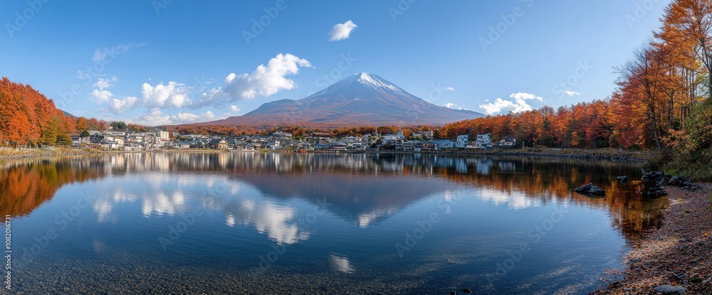 Obraz premium Serene Reflection of Mount Fuji in Autumn Colors with a Calm Lake and Vibrant Trees Under a Clear Blue Sky in Japan’s Natural Beauty