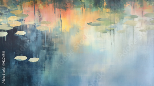 Impressionist style water surface illustration background with water lily leaves and paint brush strokes.