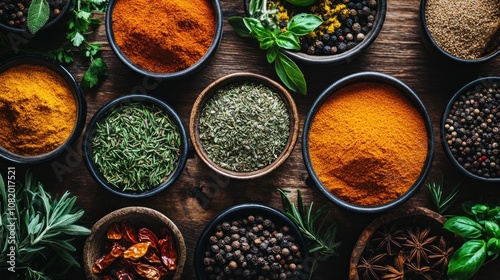 Assortment of Spices and Herbs in Bowls on a Wooden Table photo