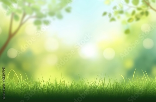 Beautiful serene nature background with soft focus green grass and blurred leaves under gentle sunlight creating a tranquil outdoor atmosphere for relaxation and inspiration