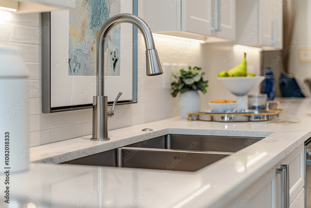 Modern interior kitchen sink countertop with potted plants and bottles, decorative painting Modern interior kitchen sink countertop with potted plants and bottles, decorative painting