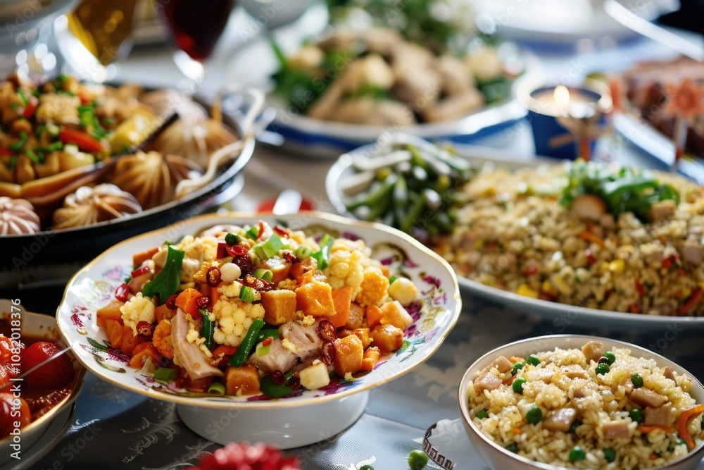 A table filled with various foods and dishes A table filled with various foods and dishes