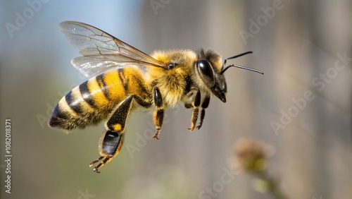 bee flying mid-air capture, close-up macro shot 