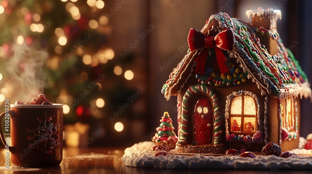 A gingerbread house sits on a table next to a steaming mug of hot chocolate, with a Christmas tree glowing in the background. A gingerbread house sits on a table next to a steaming mug of hot chocolate, with a Christmas tree glowing in the background.