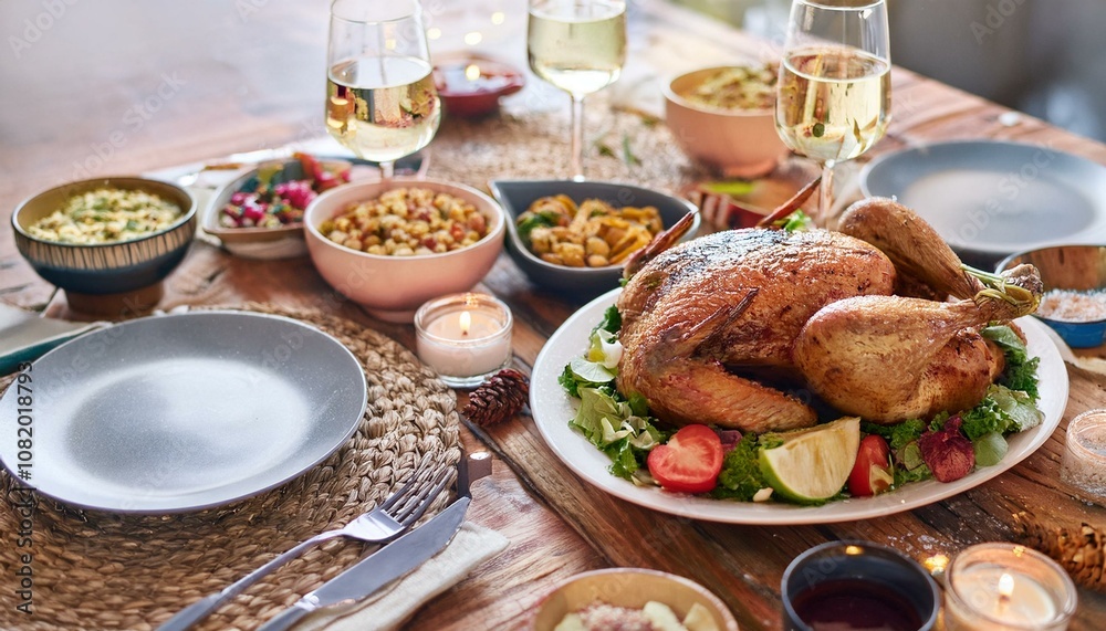 Christmas lunch, top view and food on wood table of dining room for healthy meal, festive celebration and holiday event. Formal meal, roasted chicken and healthy thanksgiving dinner party at home Christmas lunch, top view and food on wood table of dining room for healthy meal, festive celebration and holiday event. Formal meal, roasted chicken and healthy thanksgiving dinner party at home