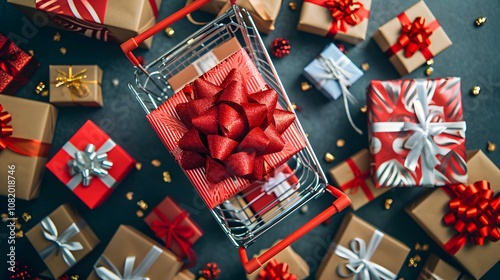 An overhead shot of a shopping cart packed with various gift boxes creating a visually striking scene and conveying the joy of giftgiving AI generated illustration