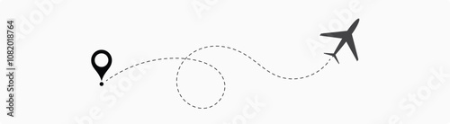 air plane reach in the destination. air plane route. airplane location. destination. reach. landing. dotted line.