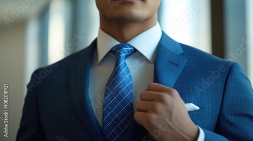 A professional-looking individual dressed in a blue suit and tie, perfect for corporate or business-related contexts