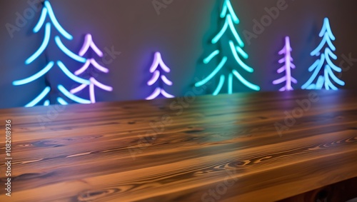 table stands empty against a blurred winter holiday backdrop