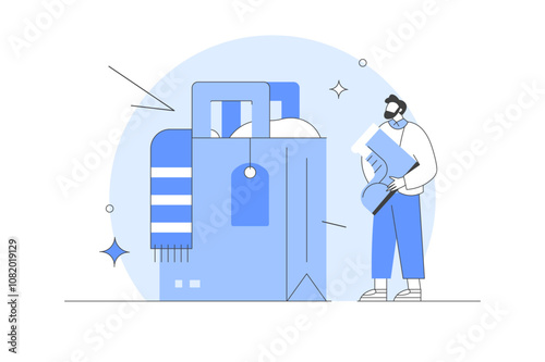 Fashion donation. Volunteer collecting and packing used clothes in boxes for charity. Second hand, clothing exchange and fabric donating.  Homeless shelter volunteers social work Flat Cartoon Vector 