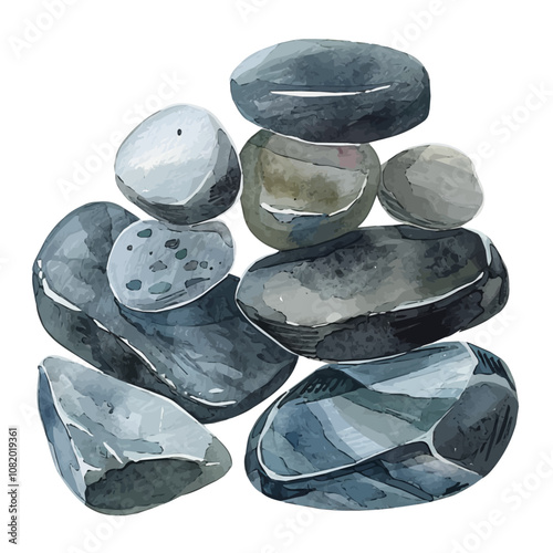 A watercolor vector of a set of hematite stones, isolated on a white background. Hematite stones vector.