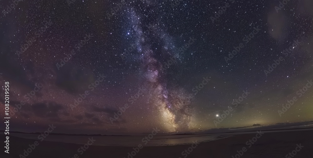 Fototapeta premium Stunning Night Sky Over Calm Water with the Milky Way Galaxy and Stars Visible in a Clear Sky, Perfect for Nature Lovers and Astrophotography Enthusiasts