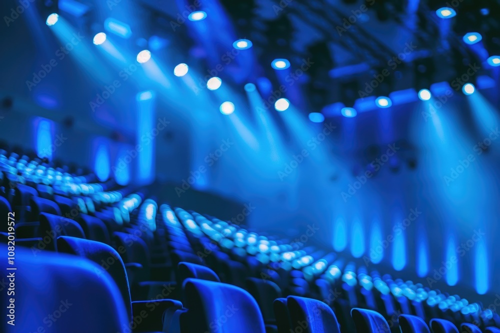 Fototapeta premium Rows of empty seats in a darkened theater lit by blue lighting