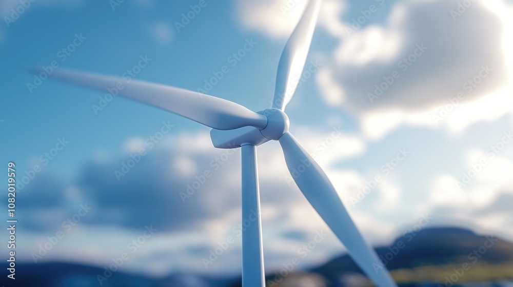 Close-up view of a wind turbine in operation on a sunny day
