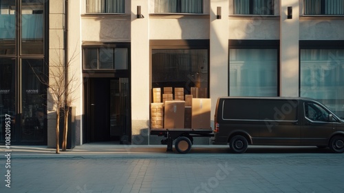 High-End Retail Delivery: Vehicle Parked Outside Luxury Store with Packages Being Unloaded by Courier, Emphasizing Quality of Service and Retail Process