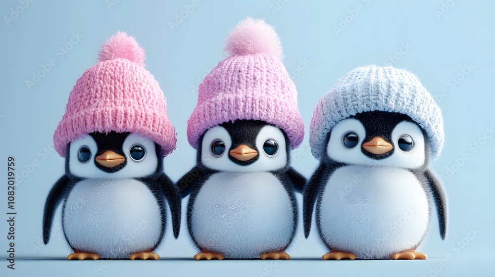 Fototapeta premium Cute baby penguins with winter mittens 3D style AI generated illustration