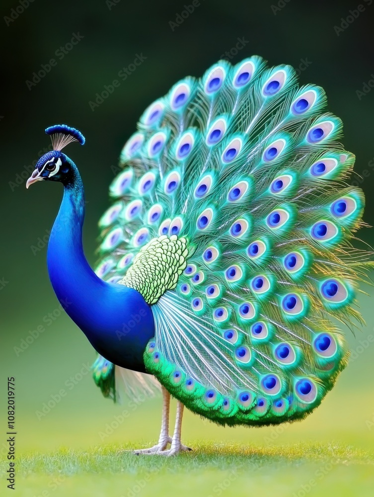 Obraz premium Majestic Peacock Displaying Vibrant Feathers in Lush Green Surroundings