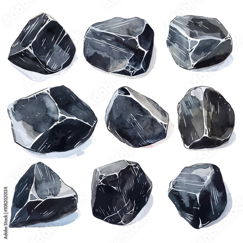 A watercolor drawing of a set of hematite stones, isolated on a white background. Hematite stones vector.