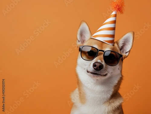 Celebrating a happy dog in sunglasses orange background pet photography indoor setting playful mood