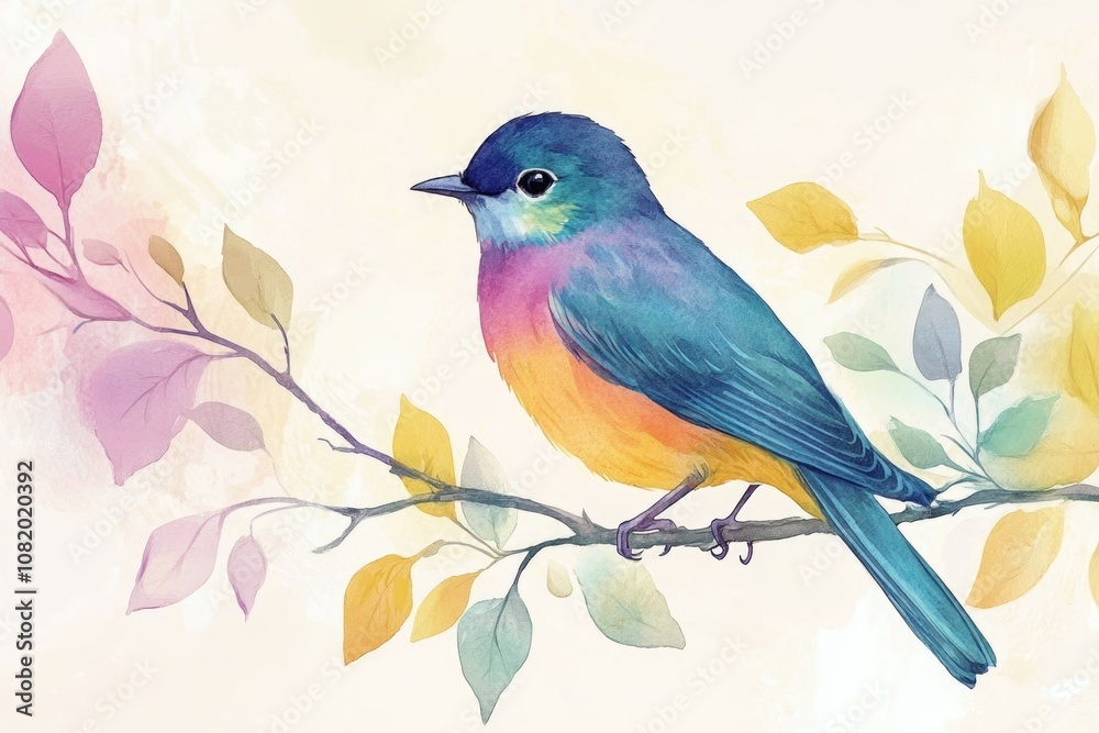 A vibrant bird perched on a branch, with bright colors and delicate details A vibrant bird perched on a branch, with bright colors and delicate details