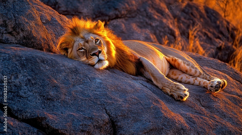 Naklejka premium Majestic Lion Resting on a Rock at Sunset
