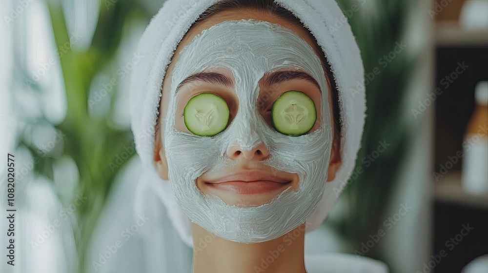 A woman with a cucumber face mask at the spa enjoying an organic treatment for skin wellness hydration and detoxifying relaxation A woman with a cucumber face mask at the spa enjoying an organic treatment for skin wellness hydration and detoxifying relaxation