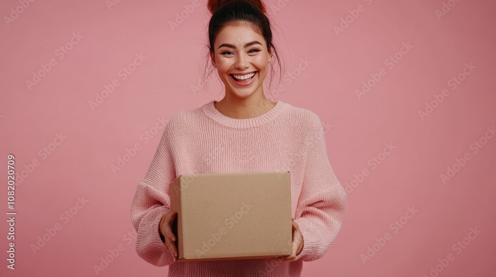 Happy Latin Woman Unboxing in Modern Studio Space Happy Latin Woman Unboxing in Modern Studio Space