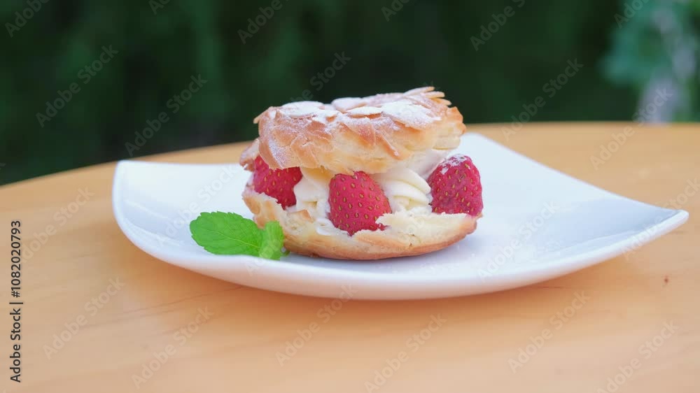 Delicious slice of creamy dessert topped with fresh raspberries, showing the rich, sweet layers of cake. Delicious slice of creamy dessert topped with fresh raspberries, showing the rich, sweet layers of cake.