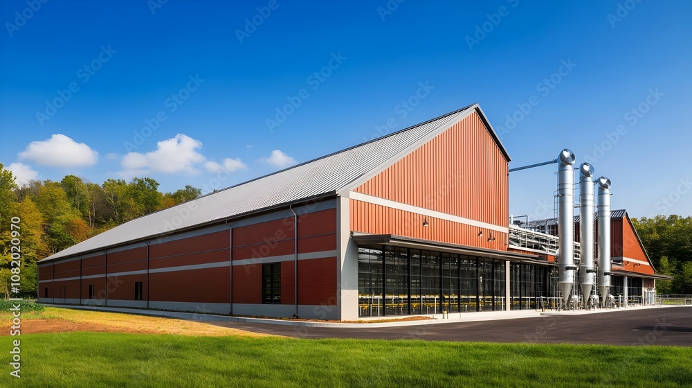 Modern industrial dairy farm with milking parlor and metal silos Modern industrial dairy farm with milking parlor and metal silos