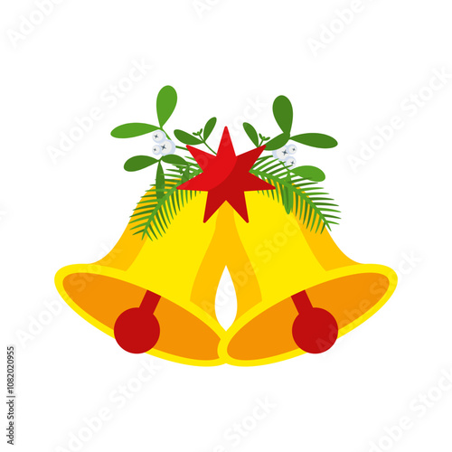 Two Christmas bells with red star and floral garland.