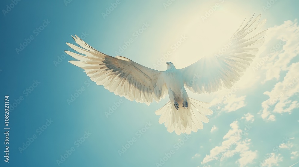 Obraz premium A soaring eagle with its wings spread wide against a blue sky, symbolizing freedom and strength.