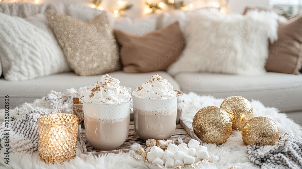 Cozy Winter Setup with Hot Chocolate Bar Featuring Whipped Cream, Soft Textiles, and Elegant Decor for a Warm and Inviting Atmosphere in Your Home Cozy Winter Setup with Hot Chocolate Bar Featuring Whipped Cream, Soft Textiles, and Elegant Decor for a Warm and Inviting Atmosphere in Your Home