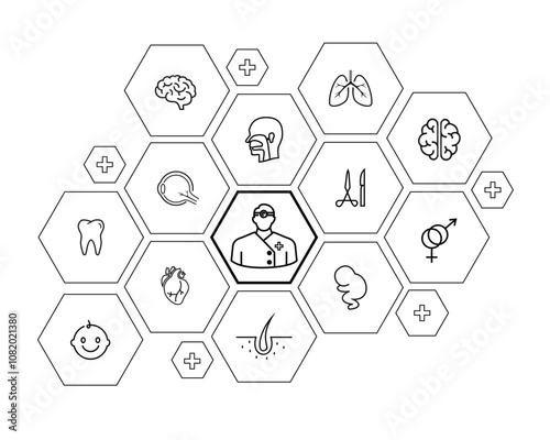 specialist doctor icon set, outline style with hexagon frame, simple and editable vector eps 10.